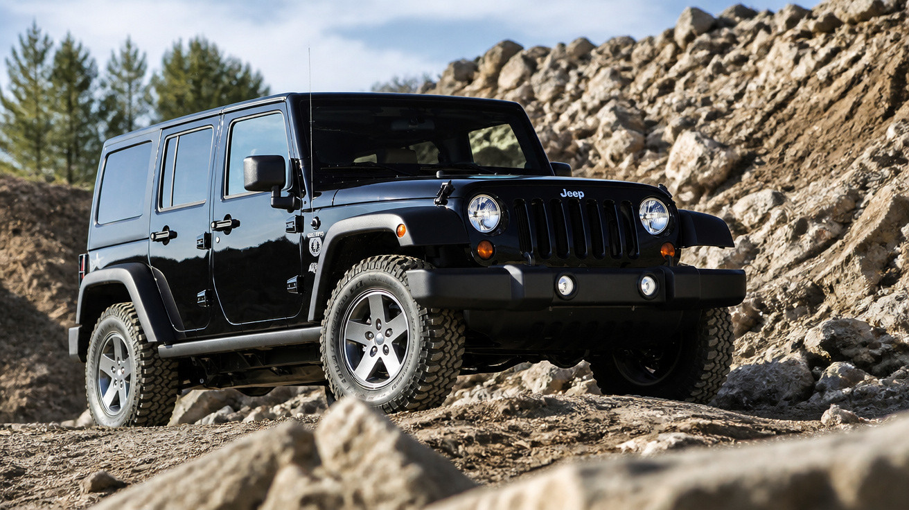 Schwarzer Jeep Wrangler steht auf unebenem, felsigem Gelände bei bewölktem Himmel.