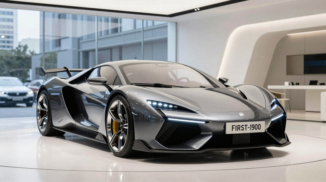 Sportlicher grauer Elektro-Supersportwagen in modernem Showroom mit LED-Scheinwerfern und Spoiler.