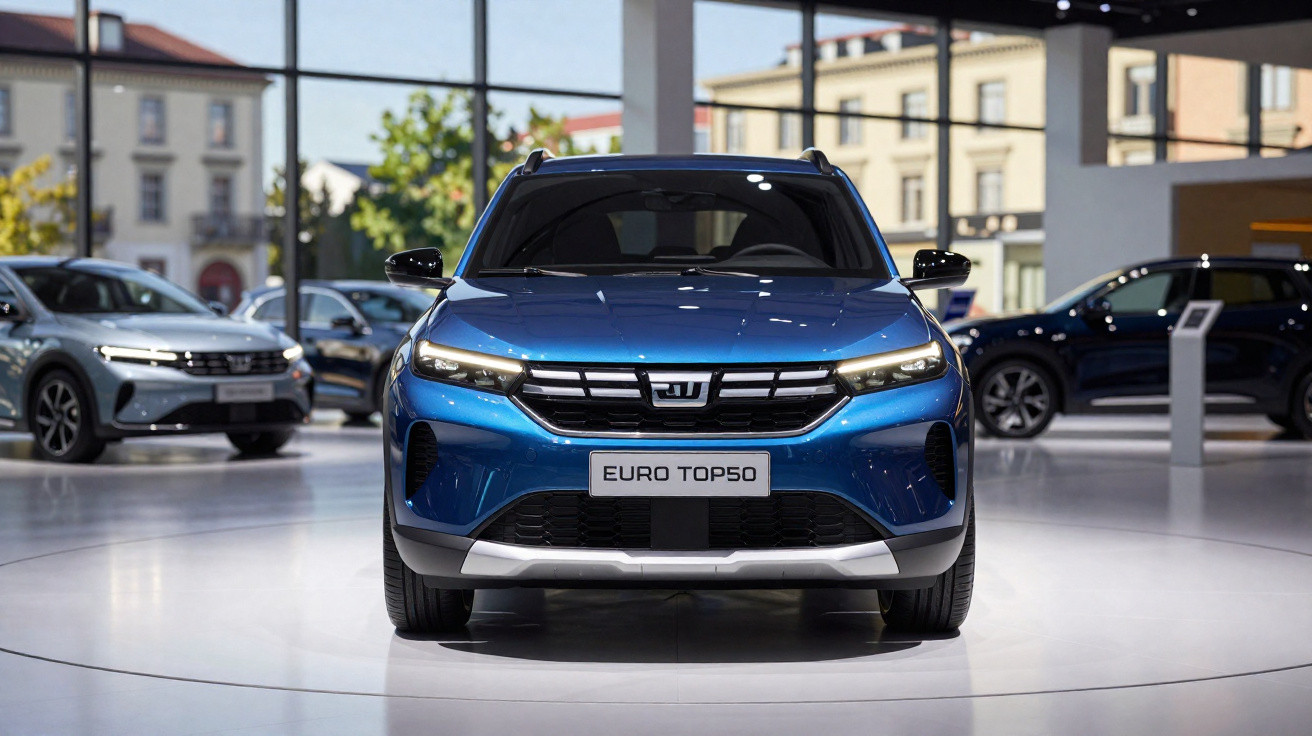 Blauer Elektro-SUV "EURO TOP50" steht in modernem Autohaus mit weiteren Fahrzeugen im Hintergrund.