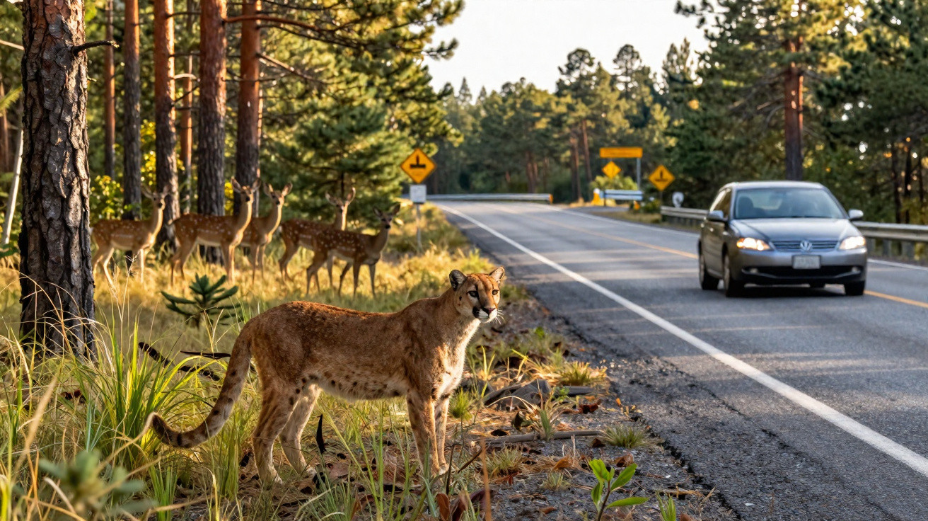 Puma am Straßenrand im Wald, im Hintergrund Hirsche und ein Auto auf der Straße.