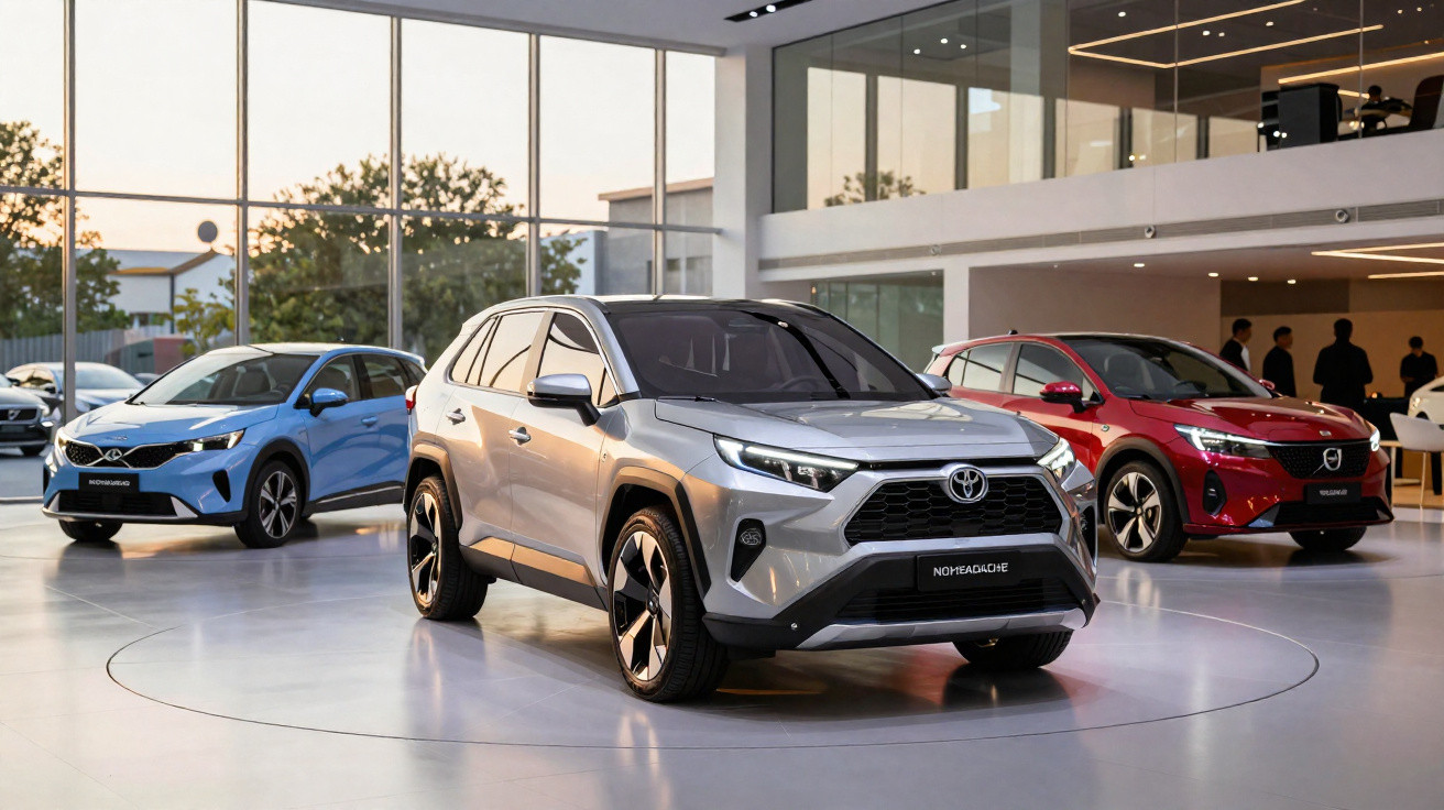 Drei moderne SUV-Modelle in Silber, Blau und Rot in einem hellen Autohaus mit großem Glasfenster.