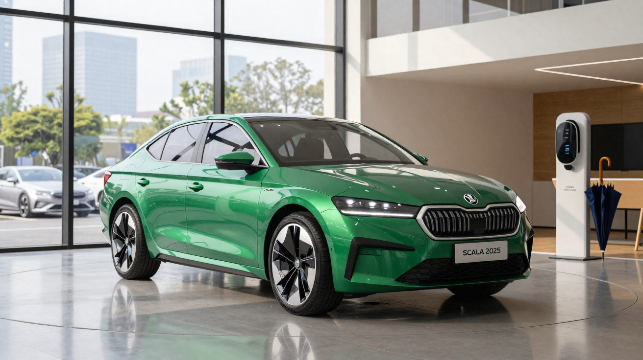 Grüner Škoda Scala 2025 steht in modernem Showroom neben Ladestation mit großen Fenstern im Hintergrund.