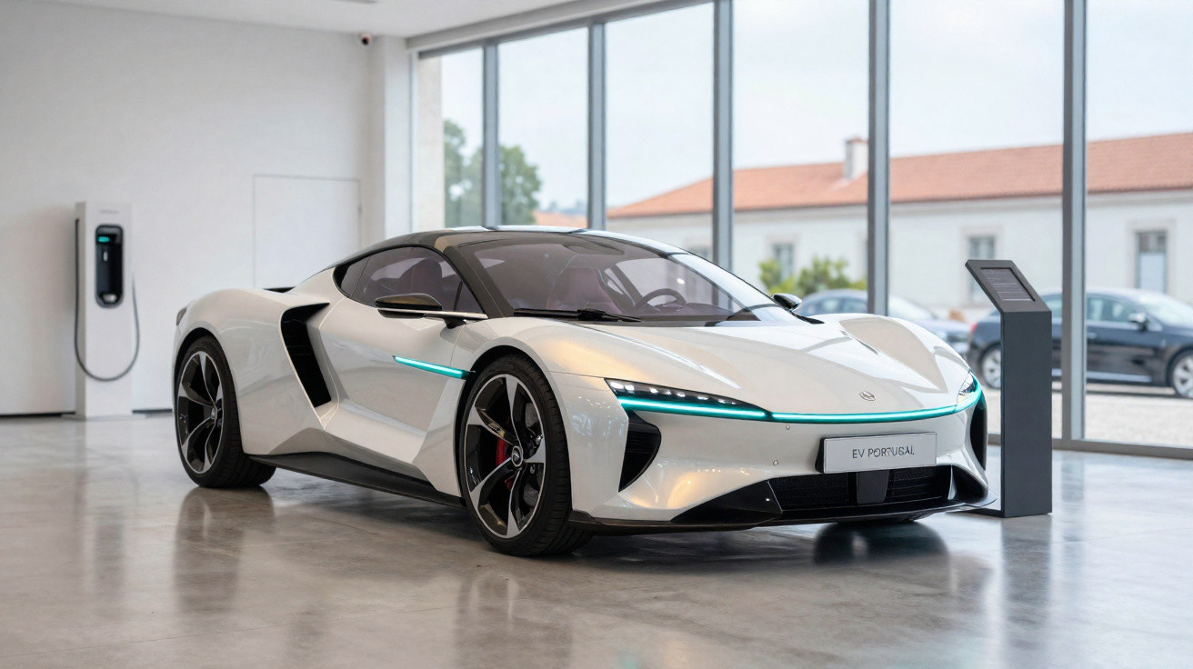 Weißer Elektro-Sportwagen in modernem Showroom mit großen Fenstern und Ladestation an der Wand.