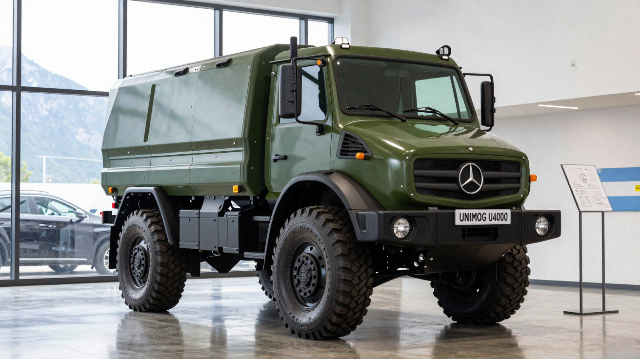 Grüner Mercedes Unimog U4000 Geländewagen im Ausstellungsraum vor großen Fenstern.