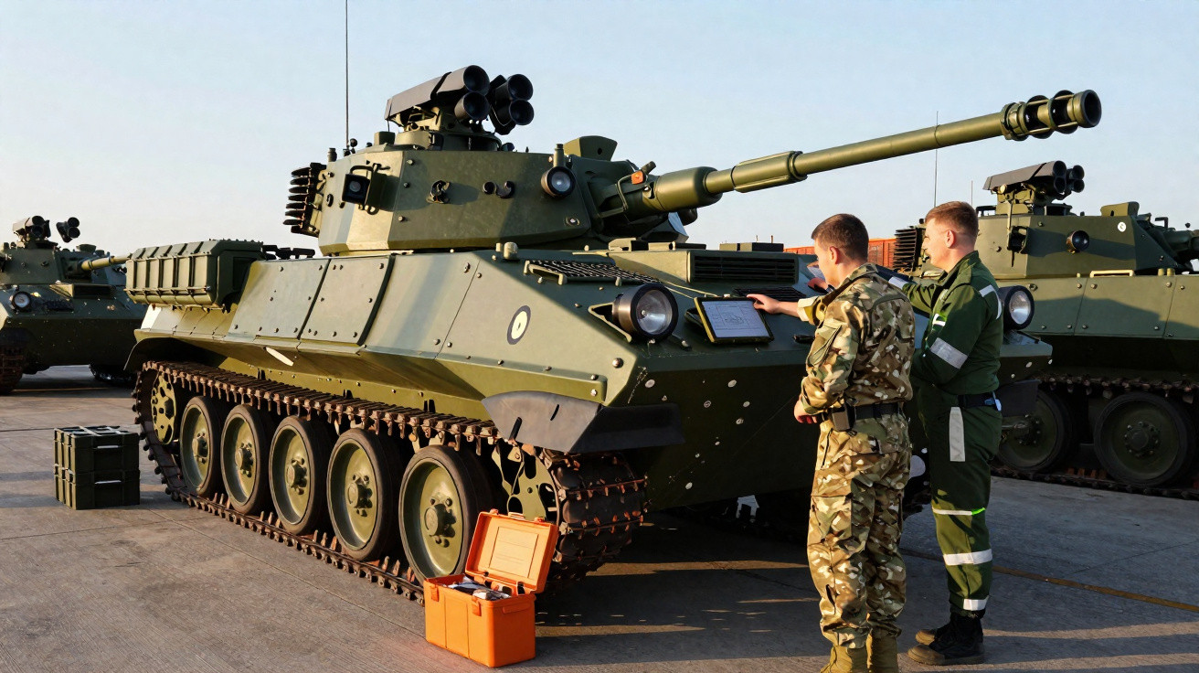 Zwei Soldaten überprüfen einen grünen Panzer mit Ketten auf einem betonierten Gelände bei Tageslicht.