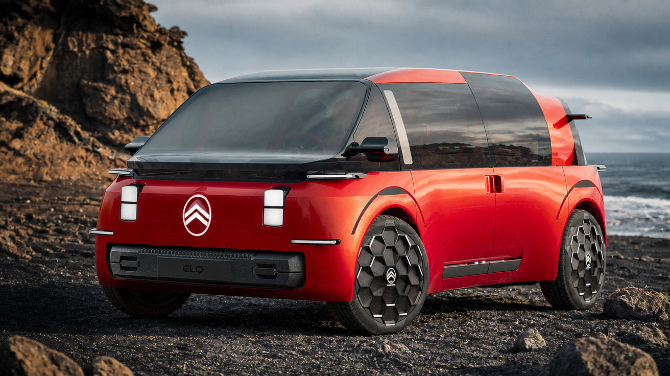 Roter Citroën E-Lo-C mit futuristischem Design auf felsigem Gelände vor Meer und bewölktem Himmel.