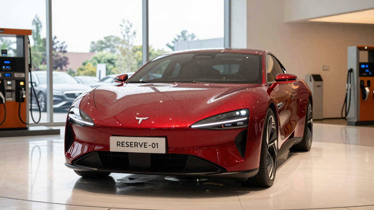 Roter Tesla Reserve-01 Sportwagen steht in hellem Showroom neben Ladestationen.
