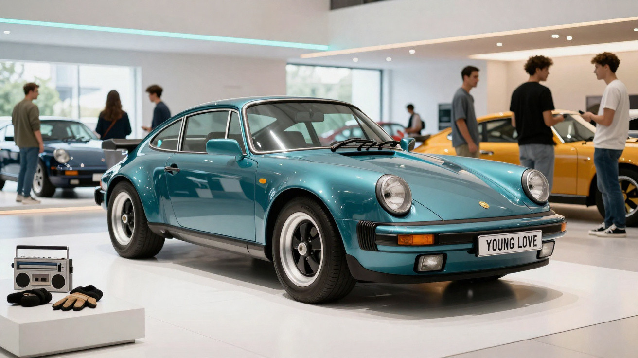 Blauer Porsche 911 mit "YOUNG LOVE" Nummernschild in moderner Ausstellungshalle mit Besuchern im Hintergrund.