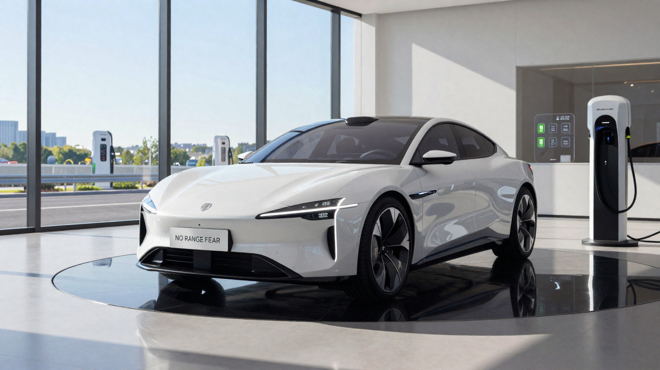 Weißes Elektroauto in modernem Showroom neben Ladestation auf schwarzem runden Podest.