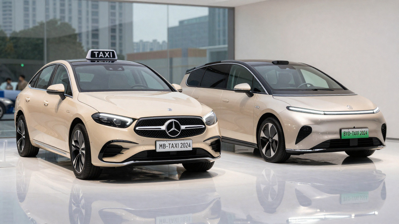 Zwei moderne Taxis in Beige, ein Mercedes-Benz und ein BYD, stehend in einem hellen Ausstellungsraum.