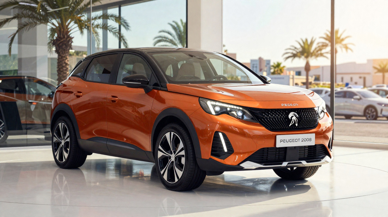 Oranger Peugeot 2008 SUV in einem modernen Autohaus mit Glasfront und Palmen im Hintergrund.