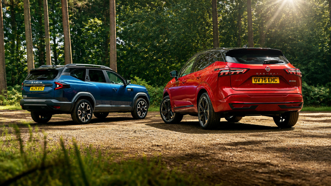 Zwei Dacia-Duster-SUVs in Rot und Blau auf einem Waldweg im Sonnenlicht.