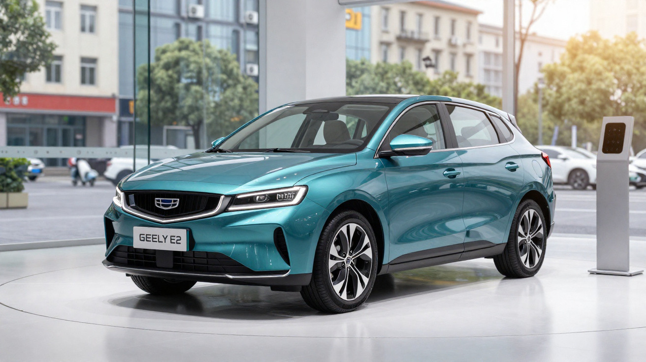Türkisfarbener Geely E2 Elektroauto steht in modernem Showroom mit Fensterfront und Stadtblick im Hintergrund.
