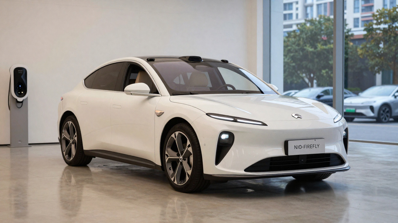 Weißes Elektroauto NIO Firefly in modernem Showroom mit Ladestation im Hintergrund.