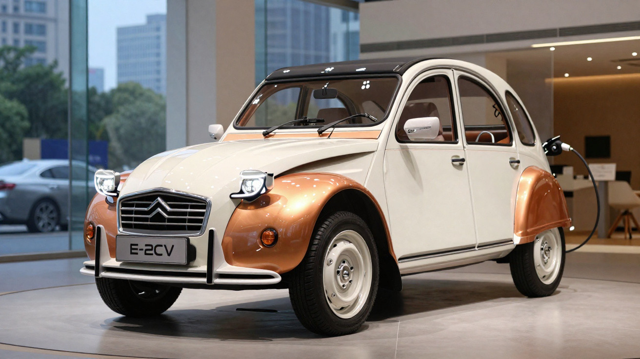 Elektrisches Retro-Auto Citroën E-2CV in Weiß und Kupferfarben in einem Showroom auf einer Drehbühne.