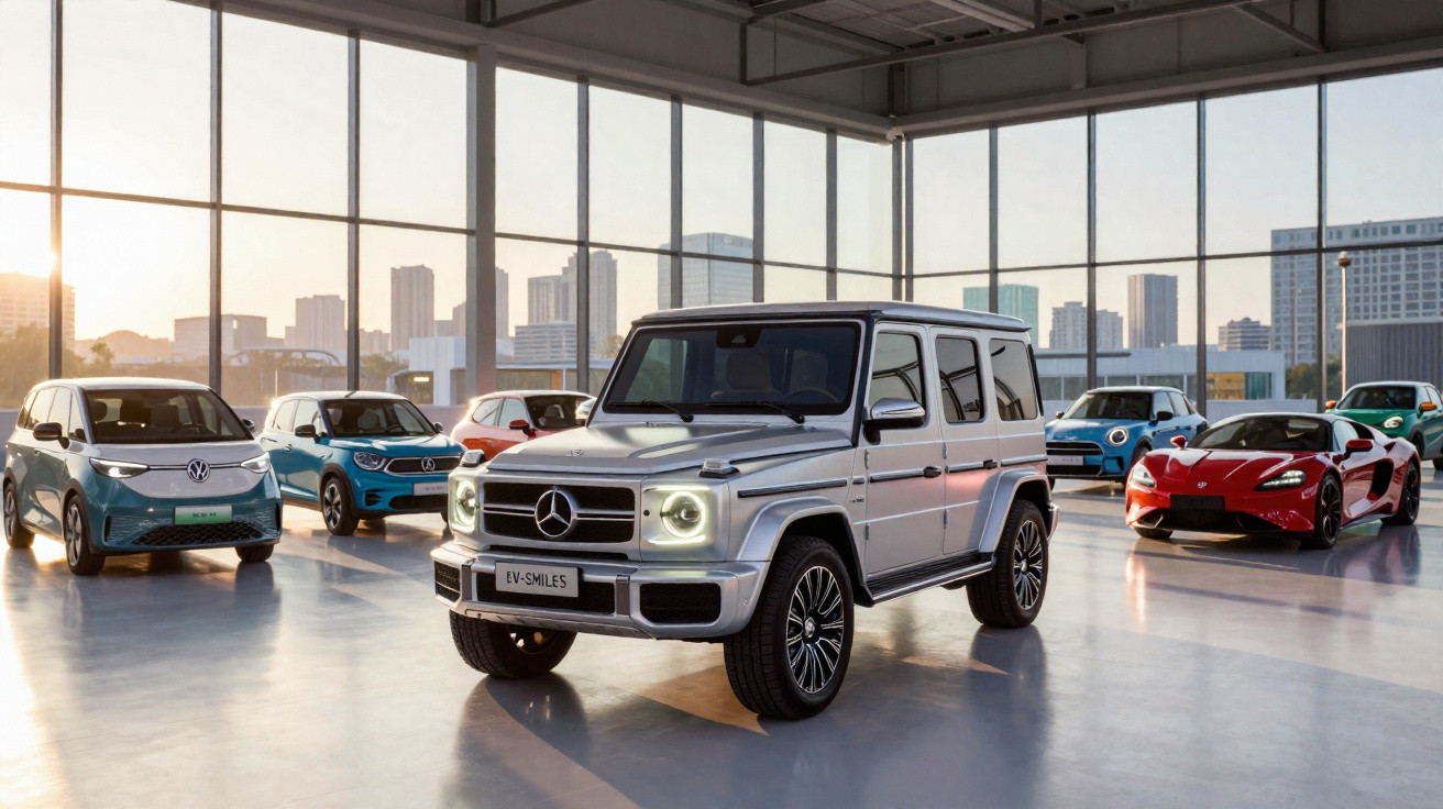 Mehrere Autos, darunter ein silberner Mercedes SUV, in einem großen, hellen Ausstellungsraum mit Stadtansicht im Hintergrund.