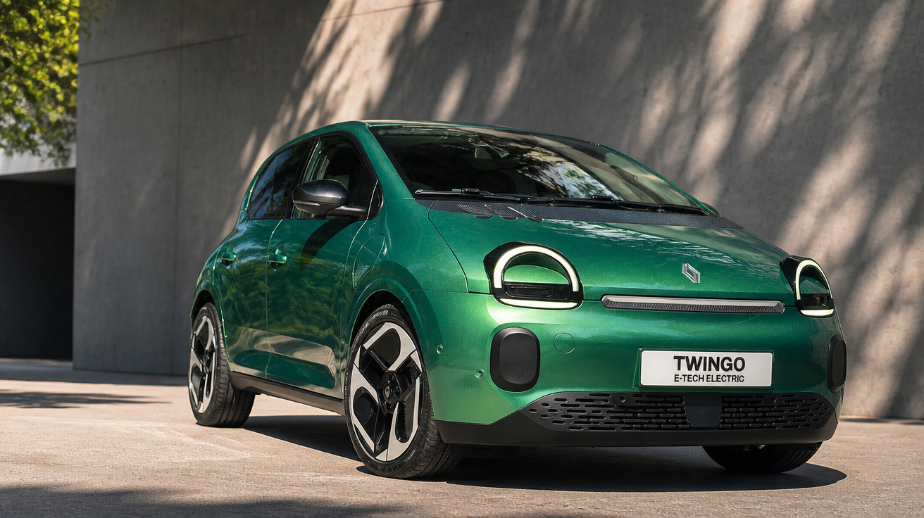 Grüner Renault Twingo E-Tech Electric steht vor einer modernen Betonwand im Sonnenlicht.