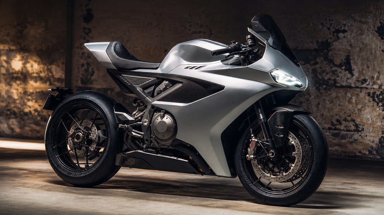 Sportliches silbernes Motorrad in einer dunklen Industrieumgebung mit leuchtendem Vorderlicht.