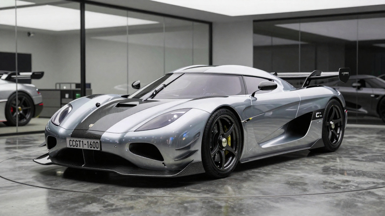 Silberner Koenigsegg CC GT-S Supersportwagen in moderner Garage mit reflektierendem Boden und Spiegelwänden.