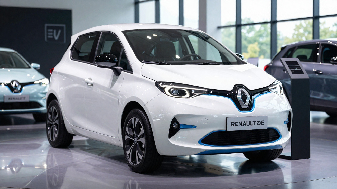 Weißer Renault Zoe Elektro-Kleinwagen in einem modernen Ausstellungsraum mit großen Fenstern.