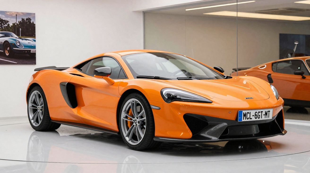 Oranger Sportwagen McLaren in modernem Ausstellungsraum mit Spiegelwand und Poster im Hintergrund