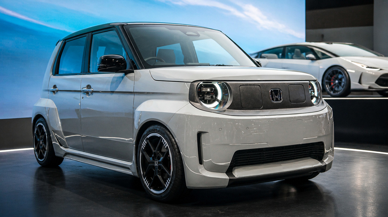 Kompakter weißer Honda-Stadtwagen mit runden LED-Scheinwerfern auf Ausstellungsfläche.
