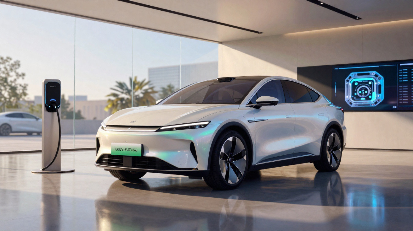 Weißes Elektroauto in modernem Showroom neben Ladestation, große Glasfront, Digitalanzeige an der Wand.