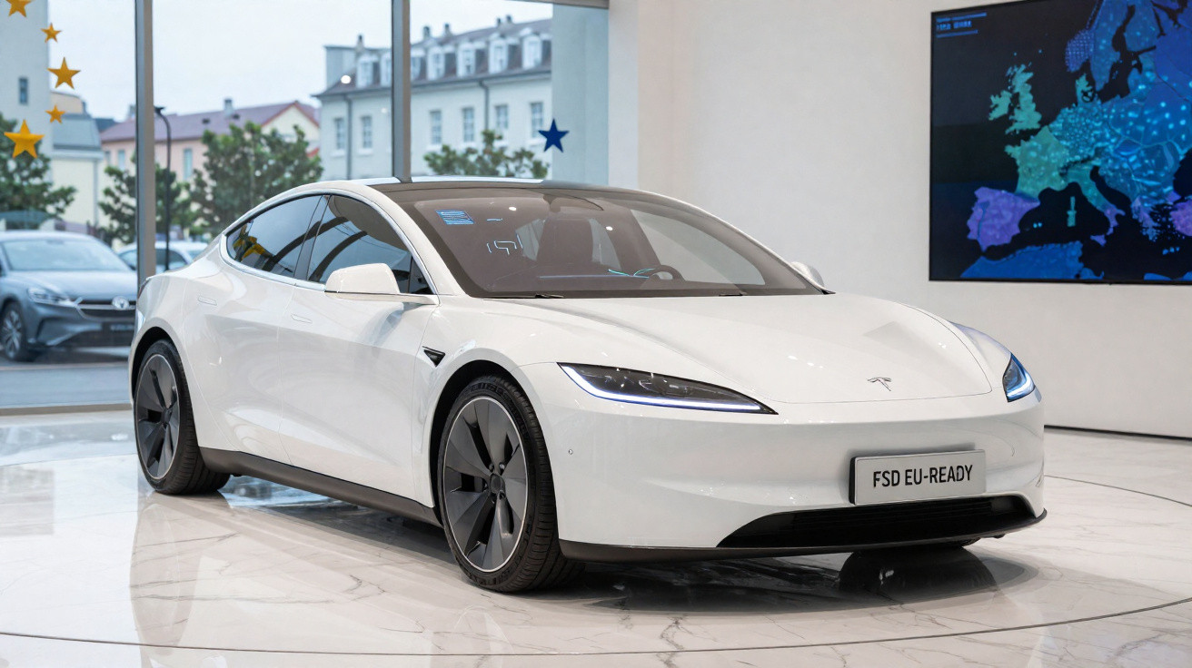 Weißes Tesla Model S im Showroom mit EU-Karte und Sternendekoration im Hintergrund.