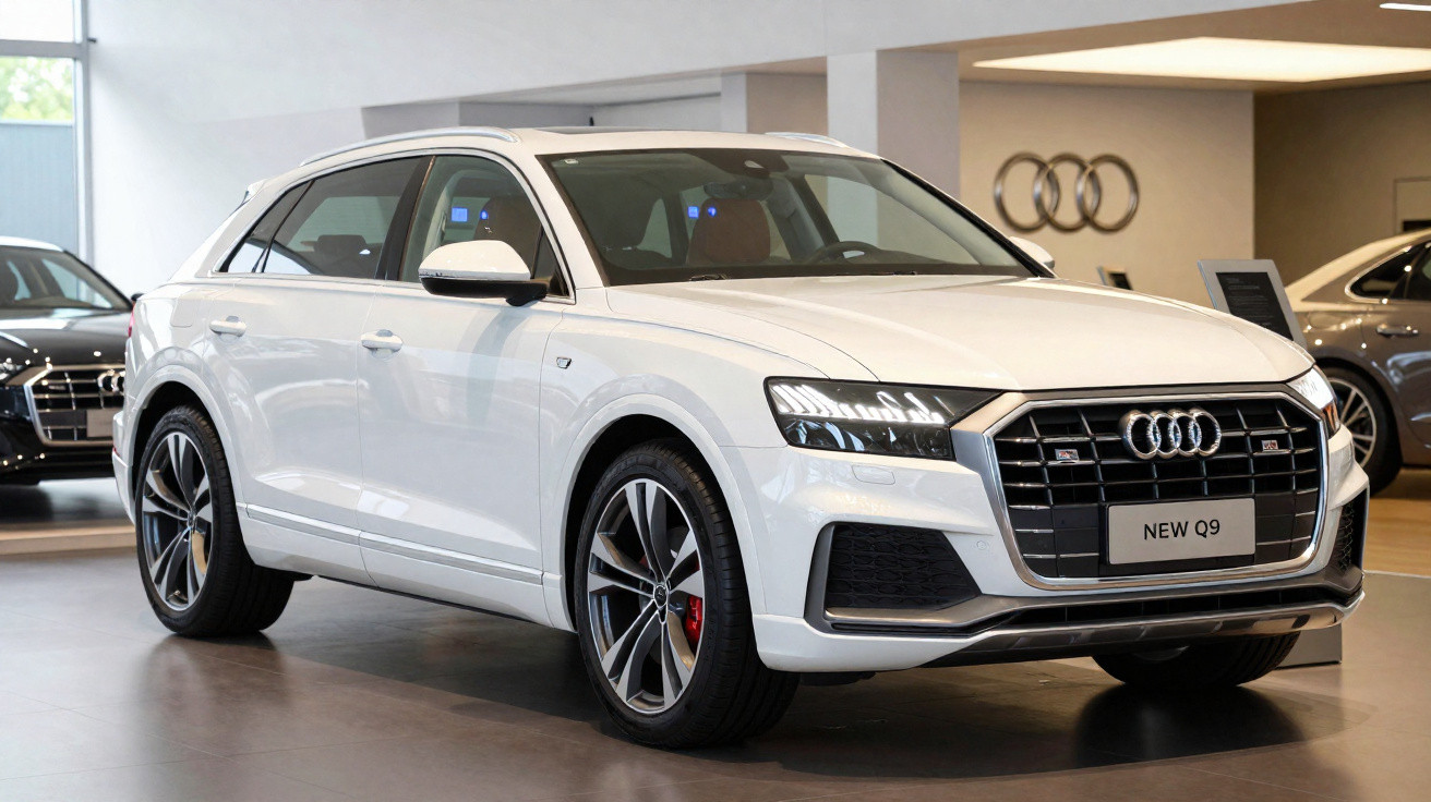 Weißer Audi Q9 SUV im Showroom mit markantem Kühlergrill und LED-Scheinwerfern.
