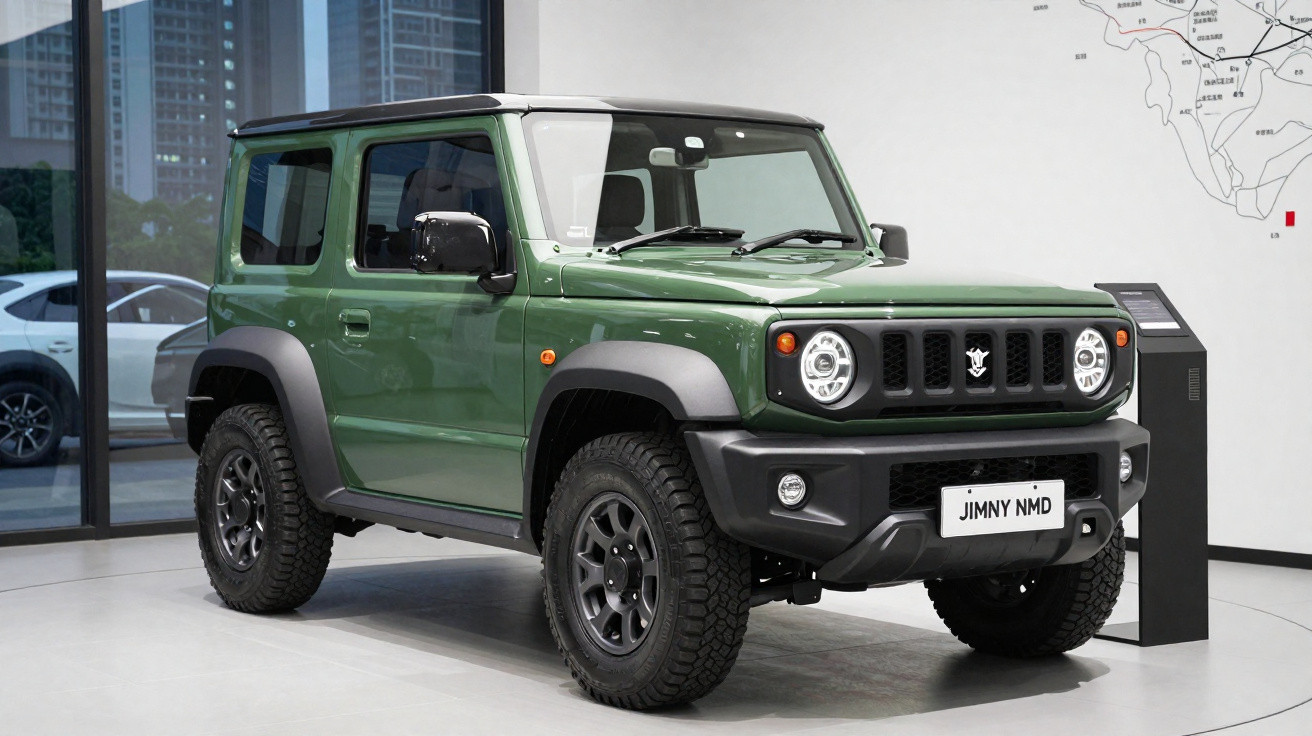 Grüner Suzuki Jimny NMD Offroad-SUV in modernem Showroom vor Fensterfront und Wandkarte.