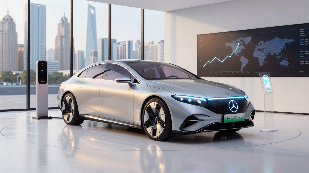 Silbernes Elektroauto Mercedes-Benz in modernem Showroom mit Stadtsilhouette und Ladestation im Hintergrund.