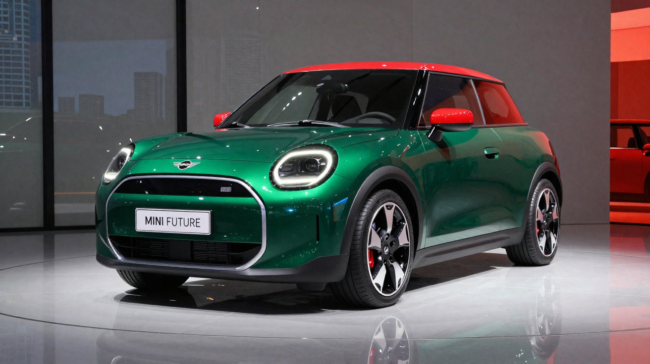 Grüner Mini Cooper mit rotem Dach und modernen LED-Scheinwerfern auf einer Autoausstellung.