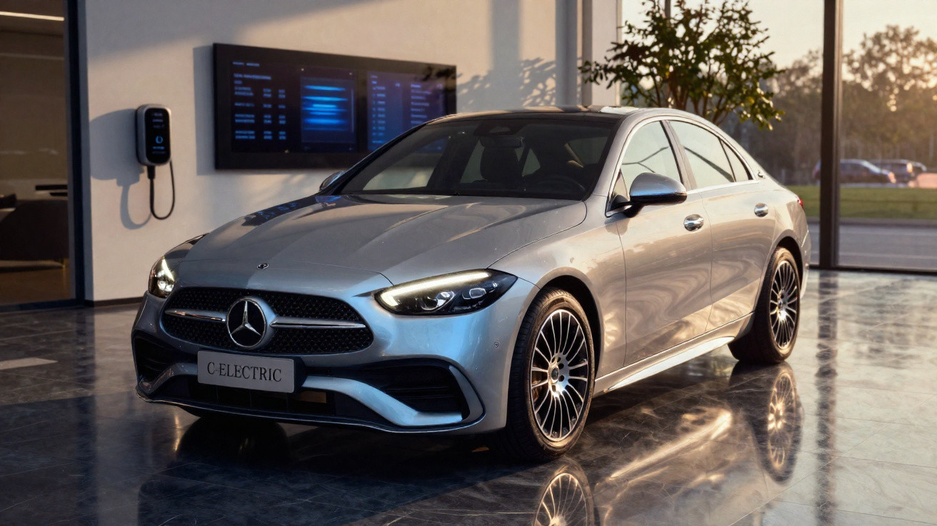Silberner Mercedes C-Electric Elektroauto steht in modernem Showroom mit Ladestation und digitalem Display.