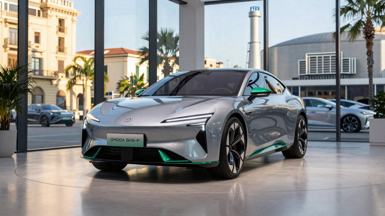 Silberner futuristischer Sportwagen QMODA SH5-P in stilvoller Ausstellungshalle mit großen Fenstern.