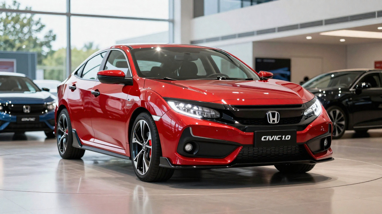 Roter Honda Civic 1.0 Limousine im Autohaus, moderner Showroom mit weiteren Fahrzeugen im Hintergrund.