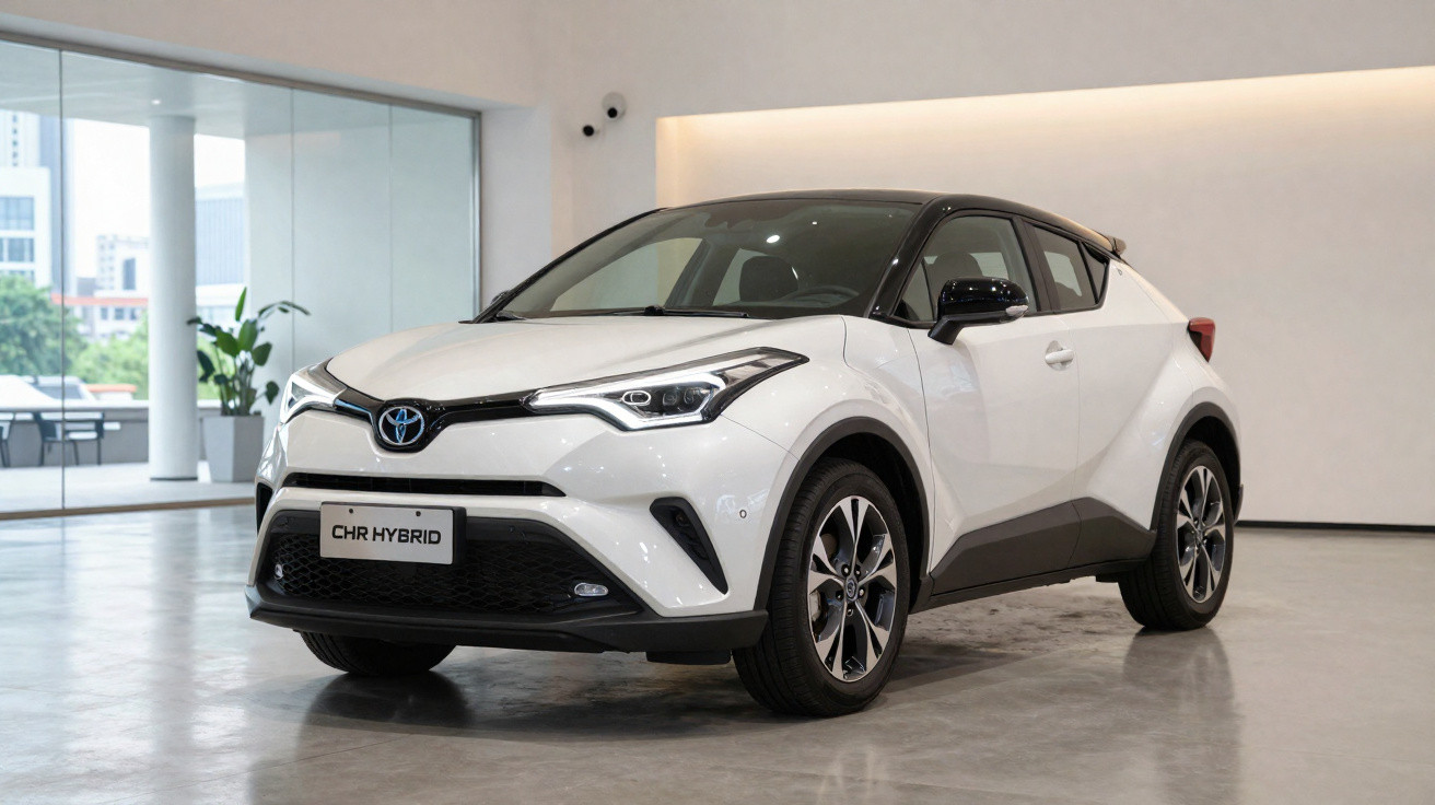 Weißer Toyota C-HR Hybrid SUV im Showroom mit modernen großen Fenstern und minimalistischem Design.