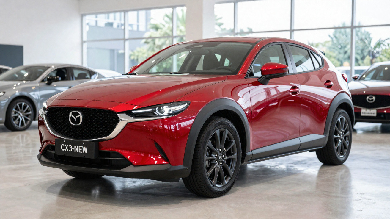 Roter Mazda CX-3 SUV in einem hellen Autohandel mit glänzendem Lack und schwarzen Rädern.