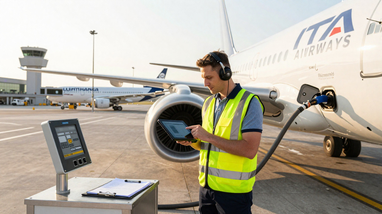 Techniker mit Warnweste betankt ITA Airways Flugzeug am Flughafen und nutzt Tablet zur Kontrolle.