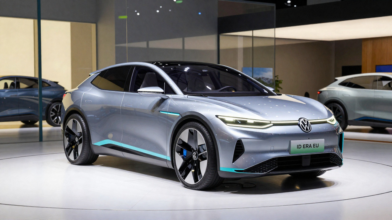 Silberner Volkswagen ID. ERA EU Elektroauto mit LED-Scheinwerfern in moderner Ausstellungshalle.