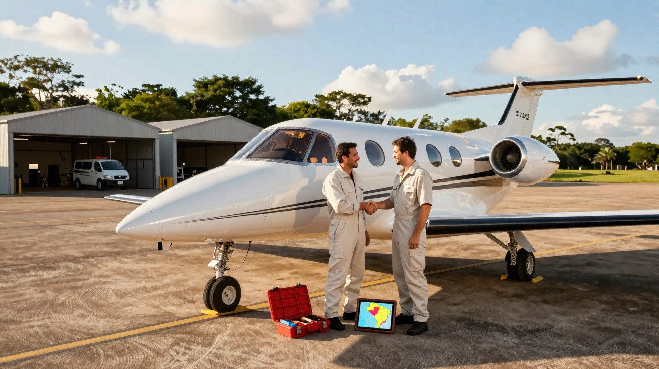 Zwei Männer in Overalls schütteln sich vor einem kleinen Privatjet die Hand auf dem Flugfeld.