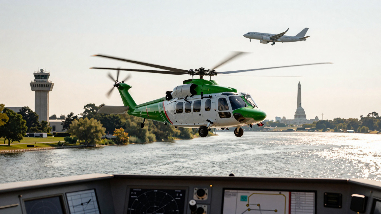 Hubschrauber im Flug über Fluss, Flugzeug im Himmel und Aussicht auf einen Kontrollturm und Denkmal im Hintergrund.