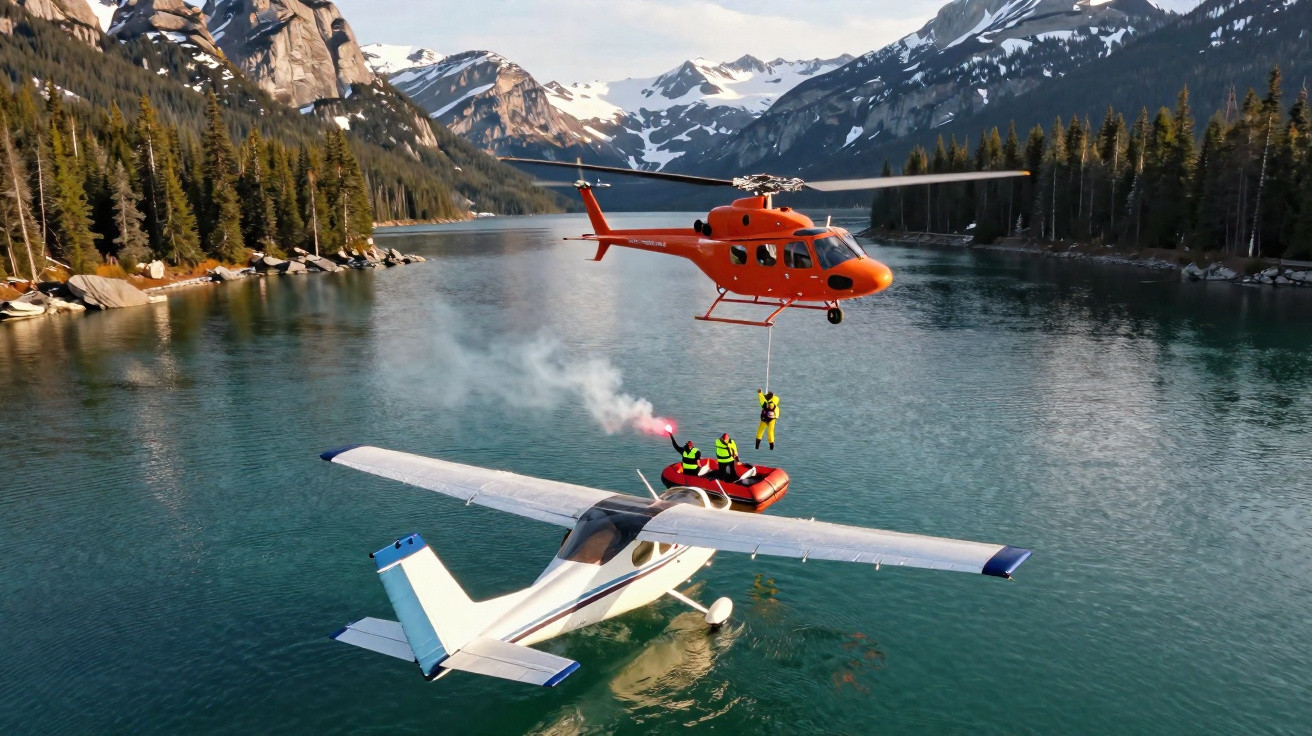 Hubschrauber rettet Passagiere von einem kleinen Flugzeug auf Bergsee mit schneebedeckten Bergen im Hintergrund.