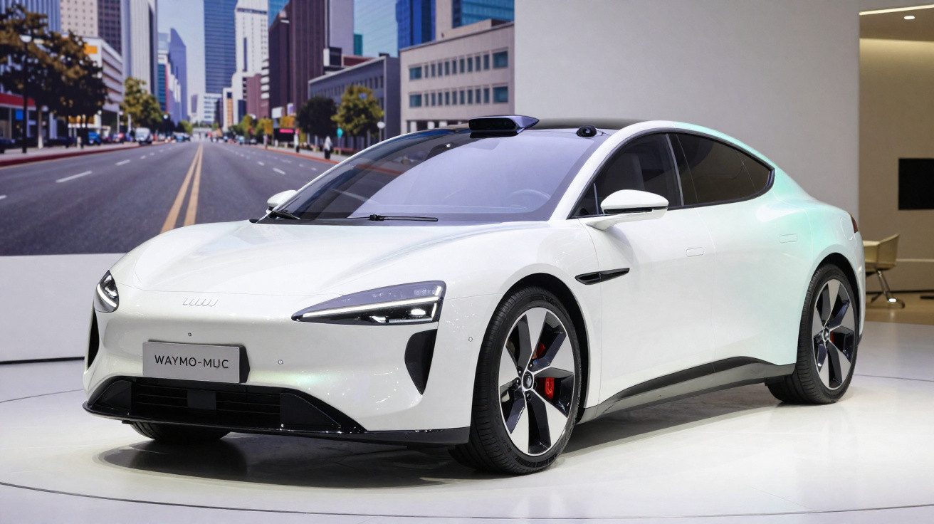 Weißes, modernes Elektroauto mit autonomer Fahrtechnologie in einer Ausstellungshalle, Seiten- und Frontansicht.