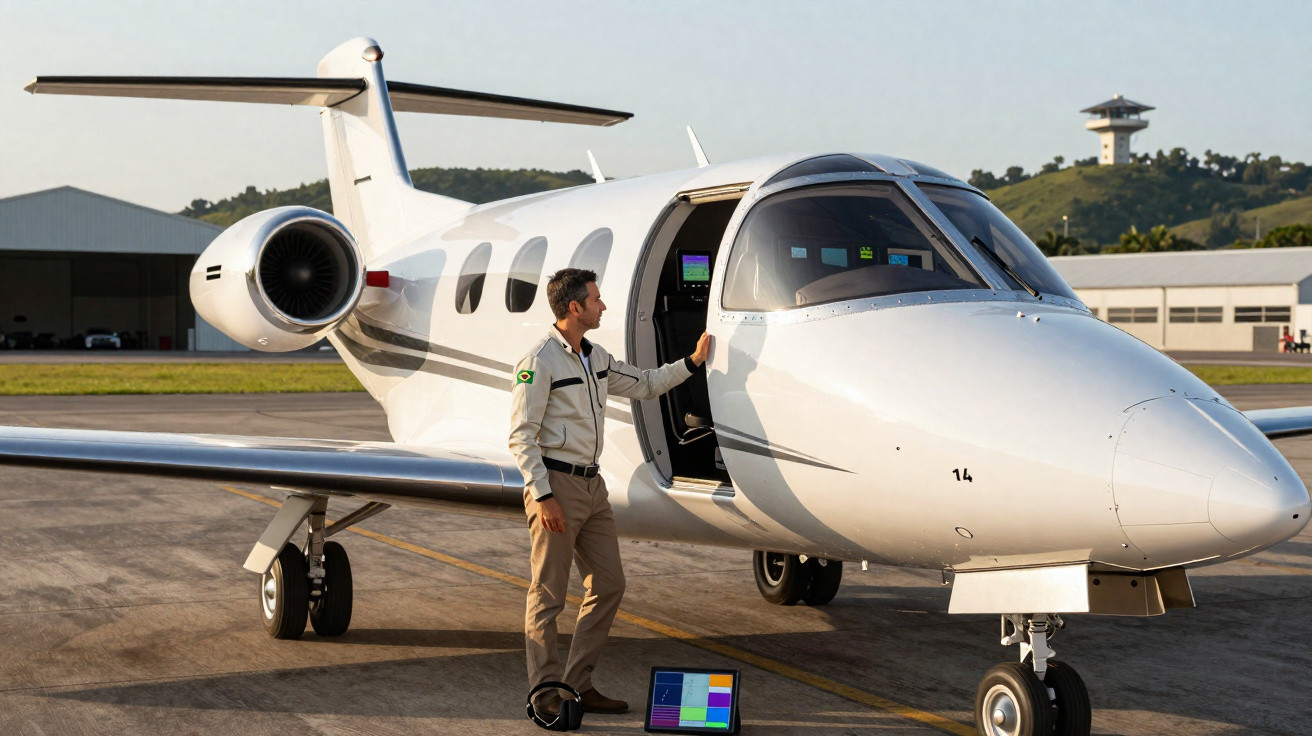 Mann in Uniform steht neben offener Tür eines kleinen weißen Privatjets auf Flugfeld bei Tageslicht.