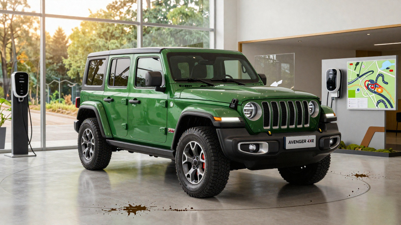 Grüner Jeep Avenger 4XE Elektroauto in modernem Showroom mit Ladegeräten und großen Fenstern.