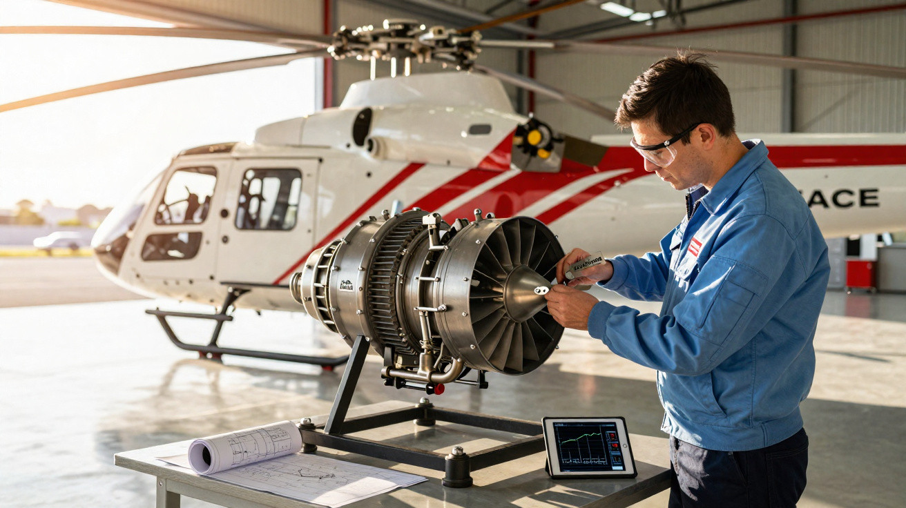 Techniker prüft Turbinenkomponenten vor einem Hubschrauber in einer Flughafen-Werkstatt.