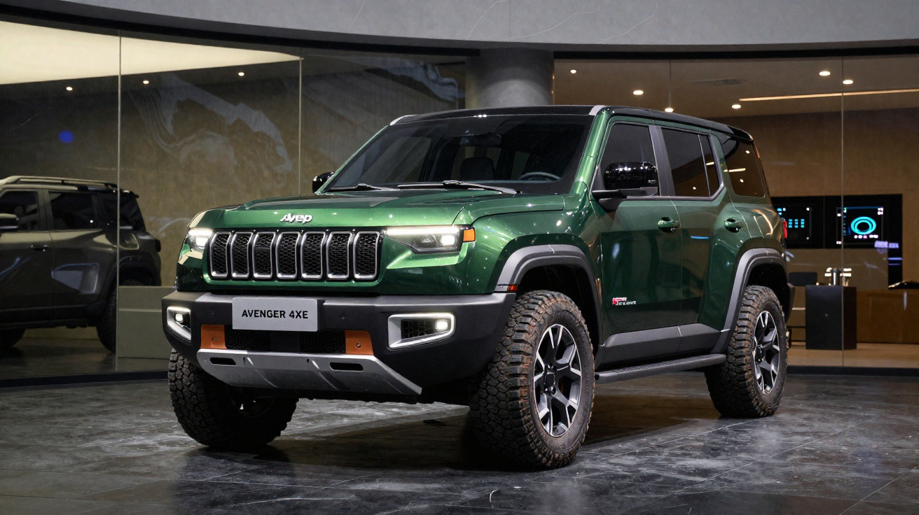 Grüner Jeep Avenger 4XE SUV steht in moderner Ausstellungshalle mit Spiegelung im Glas.