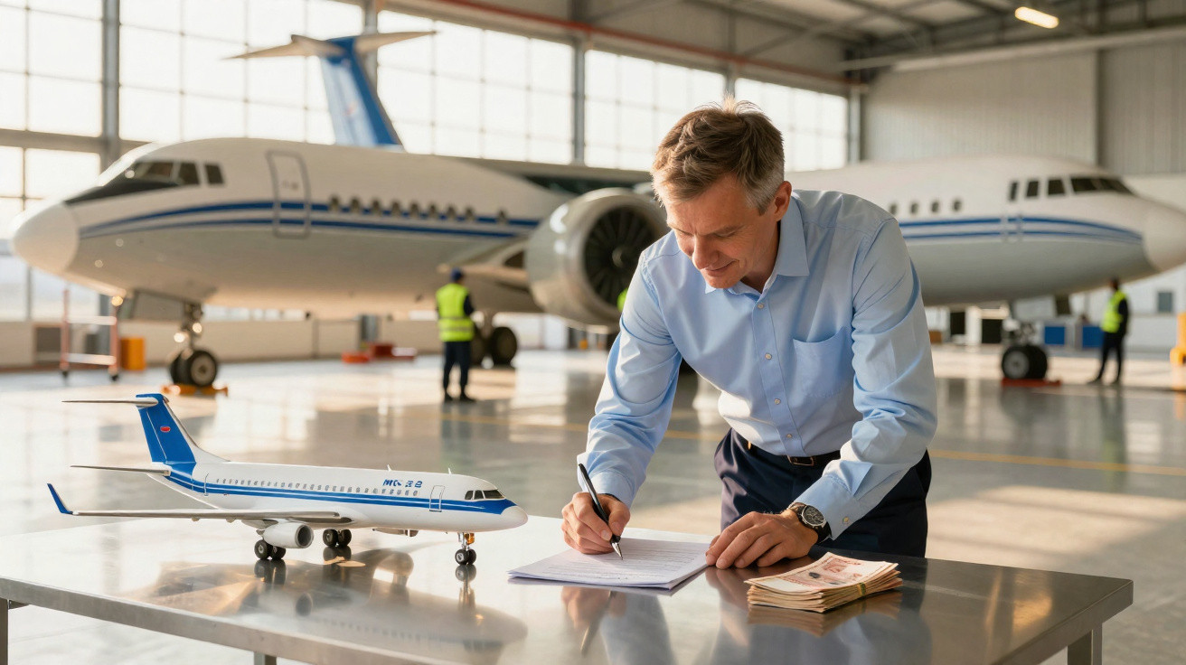 Mann unterschreibt Dokumente an Tisch mit Modellflugzeug und Geldscheinen in Flugzeughangar.
