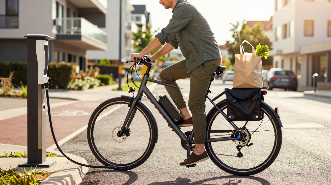 Mann lädt E-Bike an Ladestation auf, Tasche mit Lebensmitteln hinten auf dem Gepäckträger befestigt.