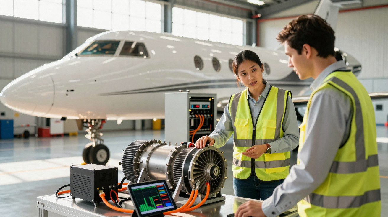 Ingenieure mit Warnwesten untersuchen Triebwerksteile vor einem Flugzeug in einer Hangarwerkstatt.